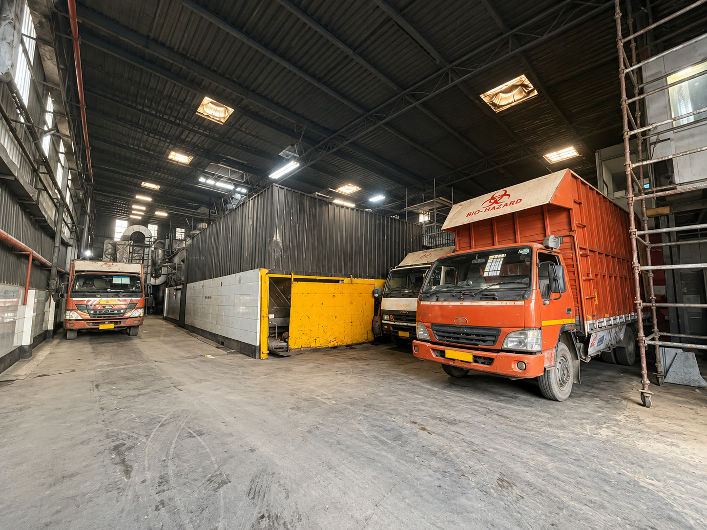 AI illustration of trucks delivering medical waste to the facility