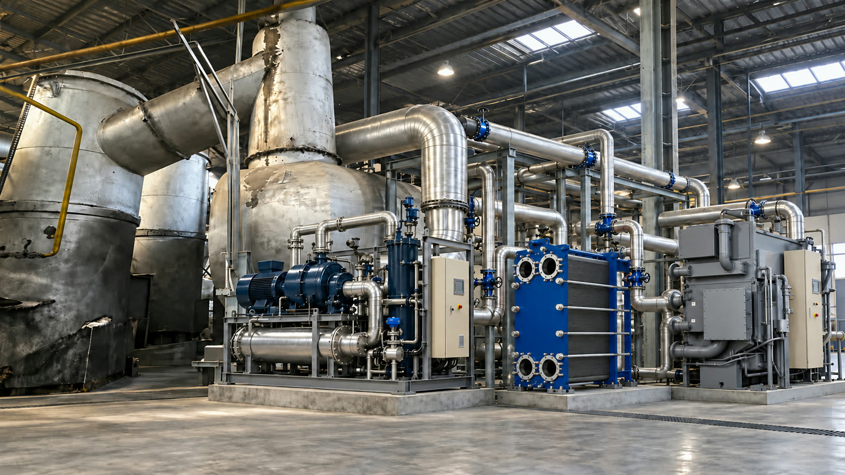 AI-generated concept illustration: an ORC unit, a hot-water heat exchanger and an absorption chiller installed beside an existing incineration line