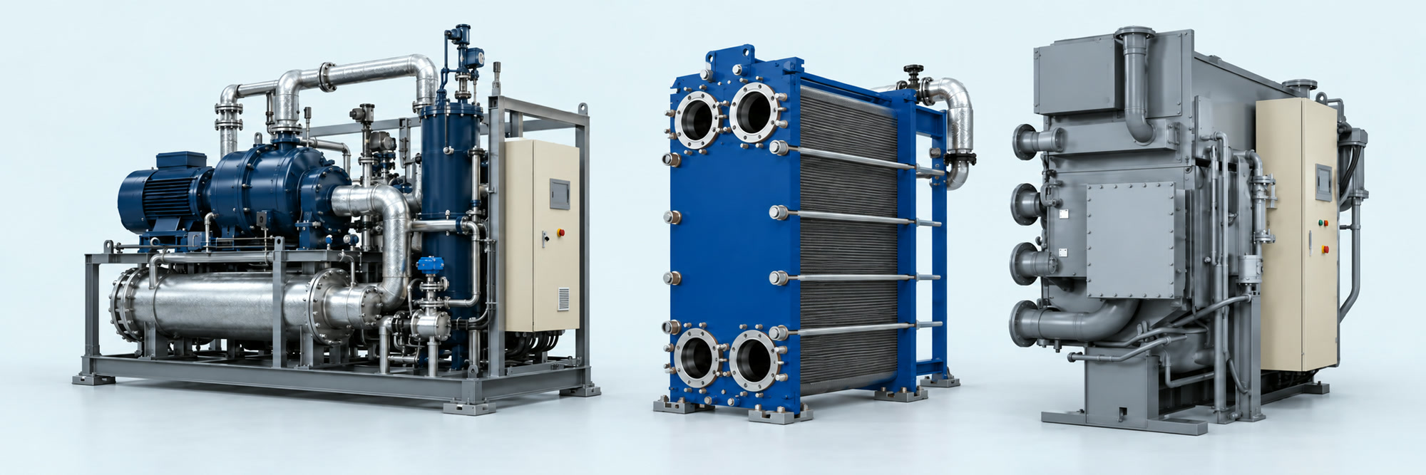 AI-generated illustration of an ORC unit, a hot-water plate heat exchanger and an absorption chiller